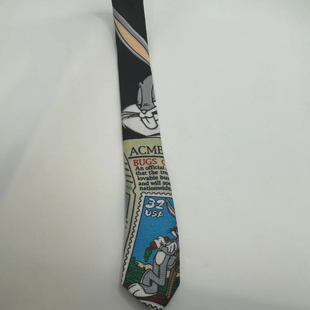 Looney Tunes OS Necktie Mens Black Bugs Bunny Stamp Collection Vintage 1997 ACME